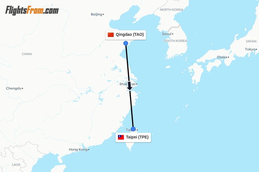 Flights from Qingdao to Taipei route map