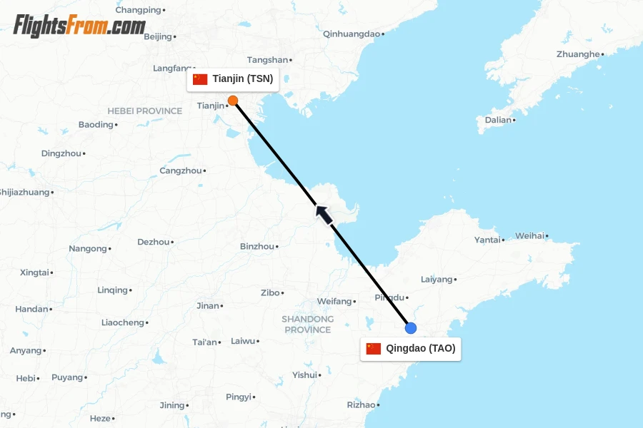 Flights from Qingdao to Tianjin route map
