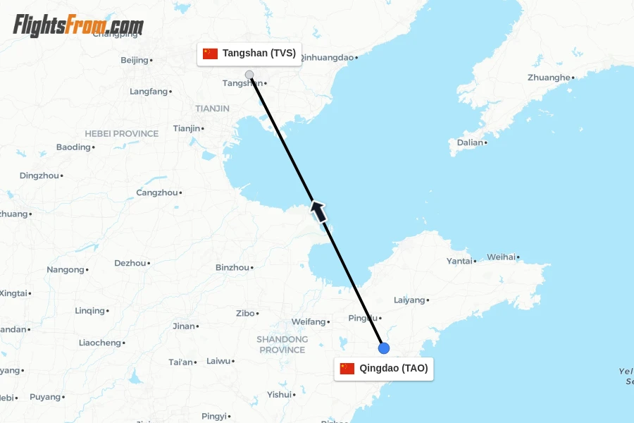 Flights from Qingdao to Tangshan route map