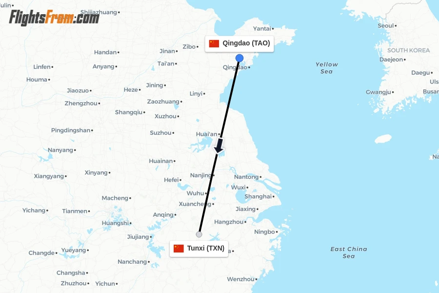 Flights from Qingdao to Tunxi route map