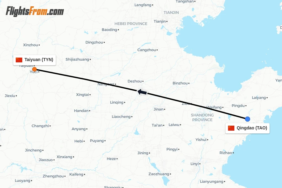 Flights from Qingdao to Taiyuan route map