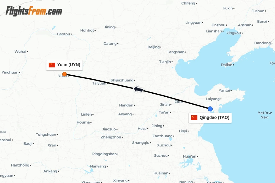 Flights from Qingdao to Yulin route map