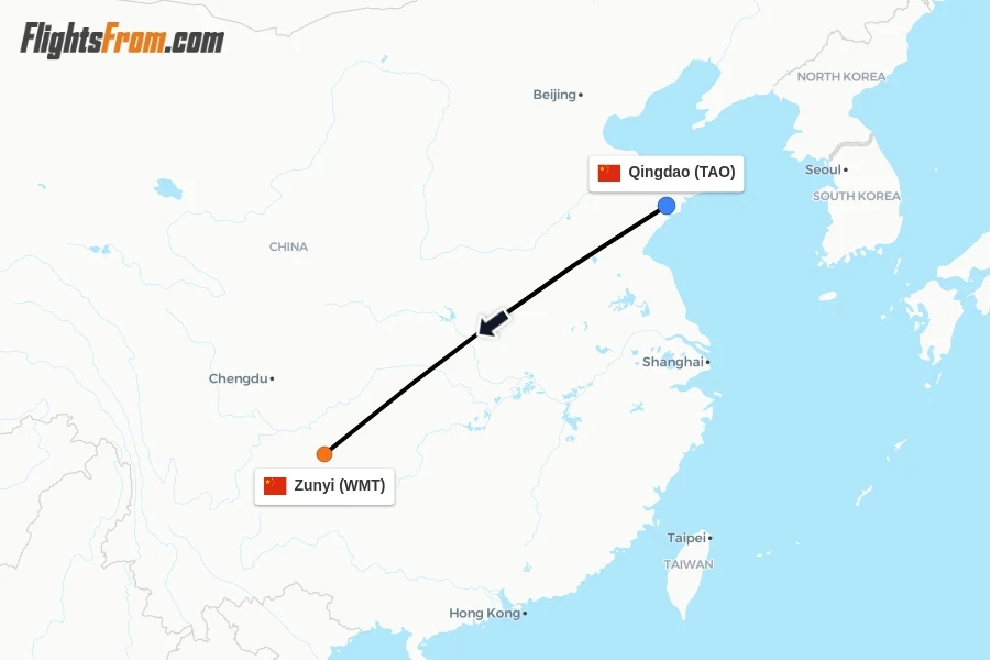Flights from Qingdao to Zunyi route map
