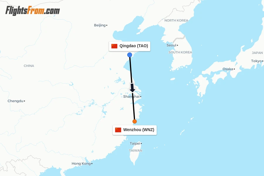 Flights from Qingdao to Wenzhou route map