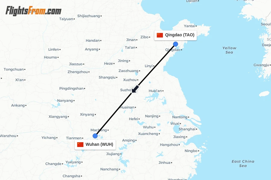 Flights from Qingdao to Wuhan route map