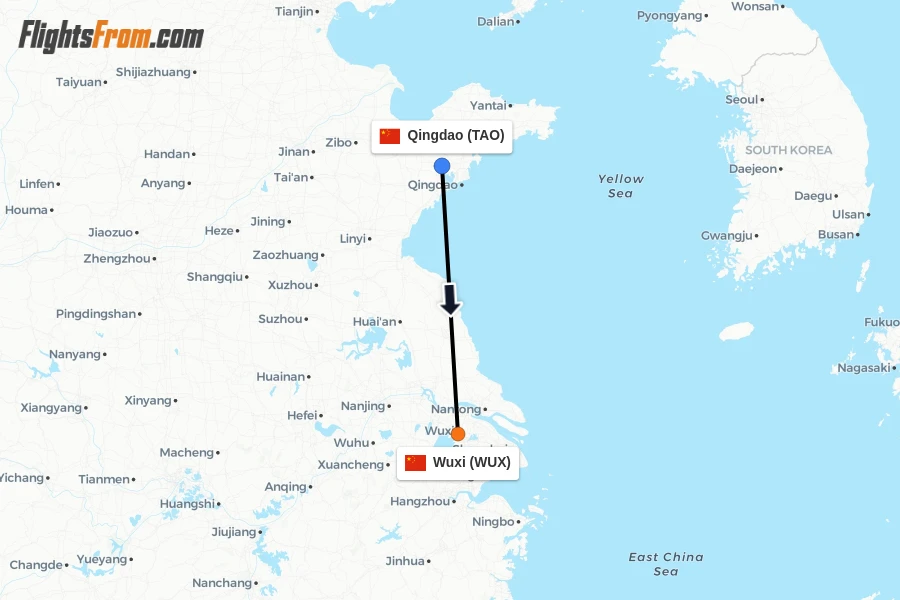 Flights from Qingdao to Wuxi route map