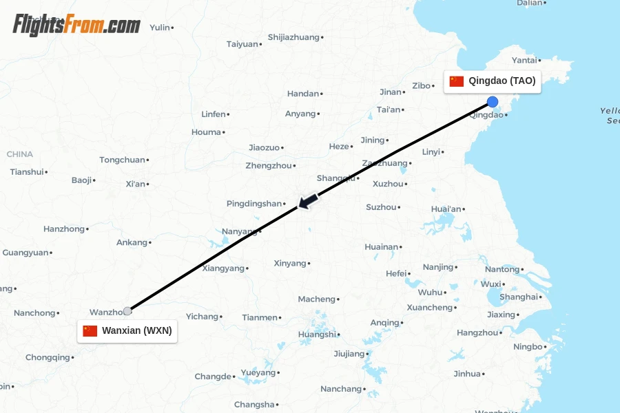 Flights from Qingdao to Wanxian route map