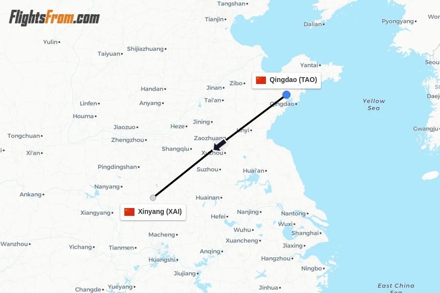 Flights from Qingdao to Xinyang route map