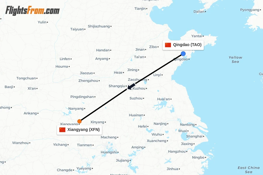 Flights from Qingdao to Xiangyang route map