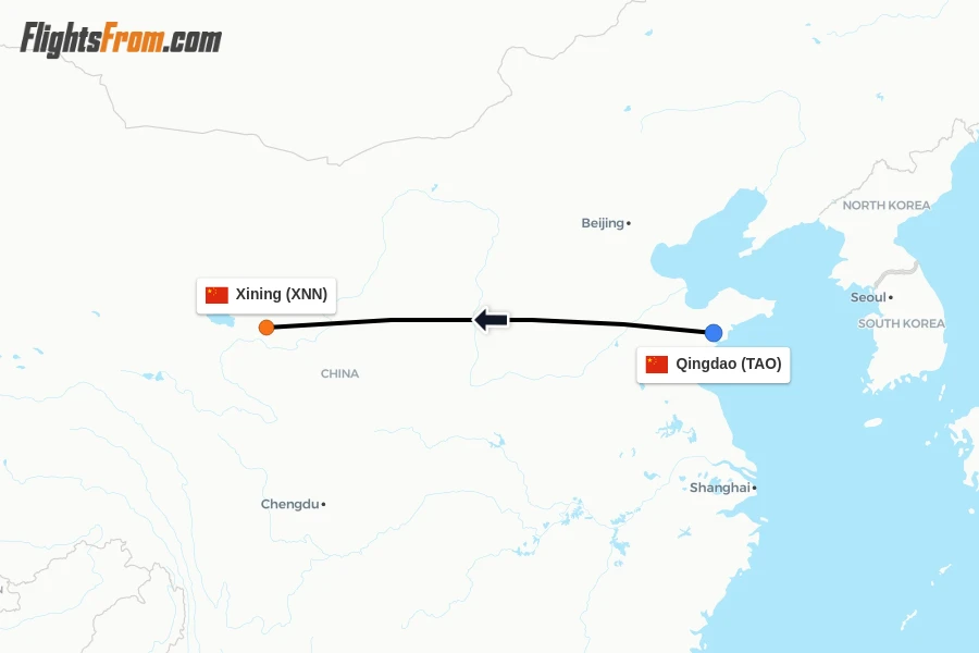 Flights from Qingdao to Xining route map