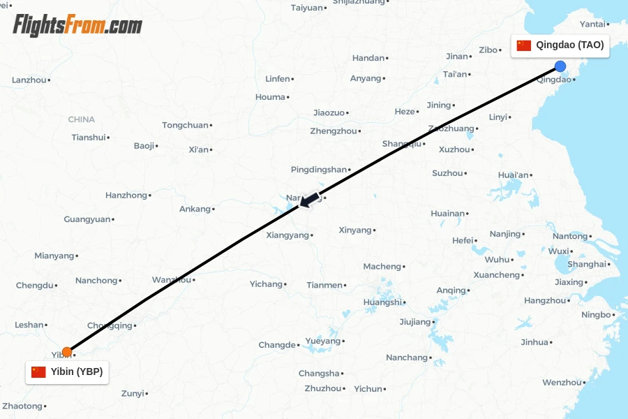 Flights from Qingdao to Yibin route map