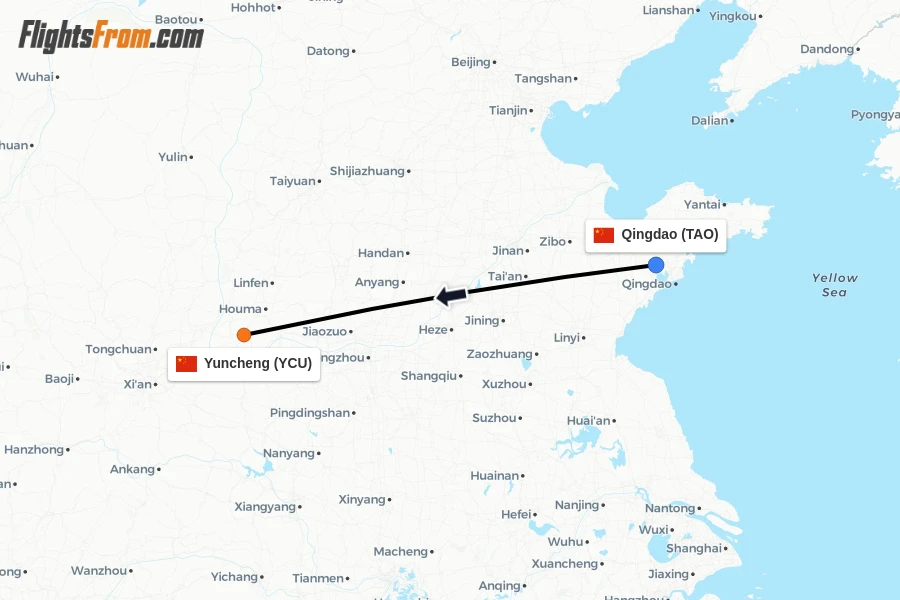 Flights from Qingdao to Yuncheng route map