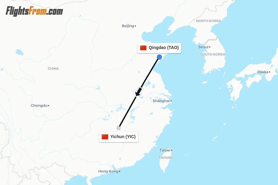 Flights from Qingdao to Yichun route map