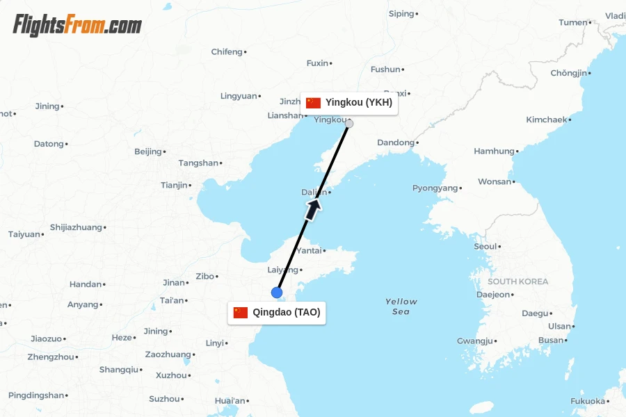Flights from Qingdao to Yingkou route map
