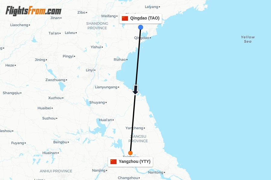 Flights from Qingdao to Yangzhou route map