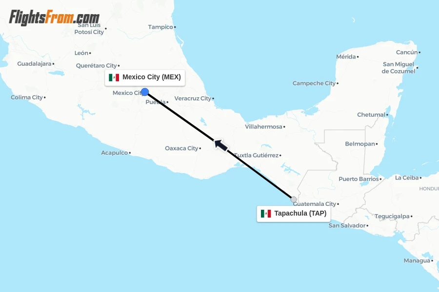 Flights from Tapachula to Mexico City route map