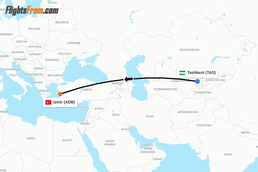 Flights from Tashkent to Izmir route map