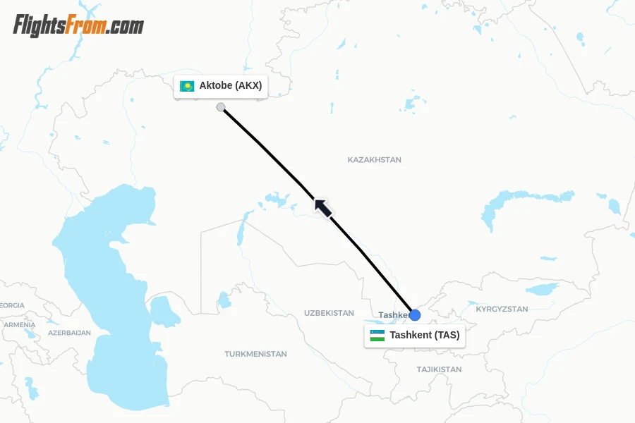 Flights from Tashkent to Aktobe route map