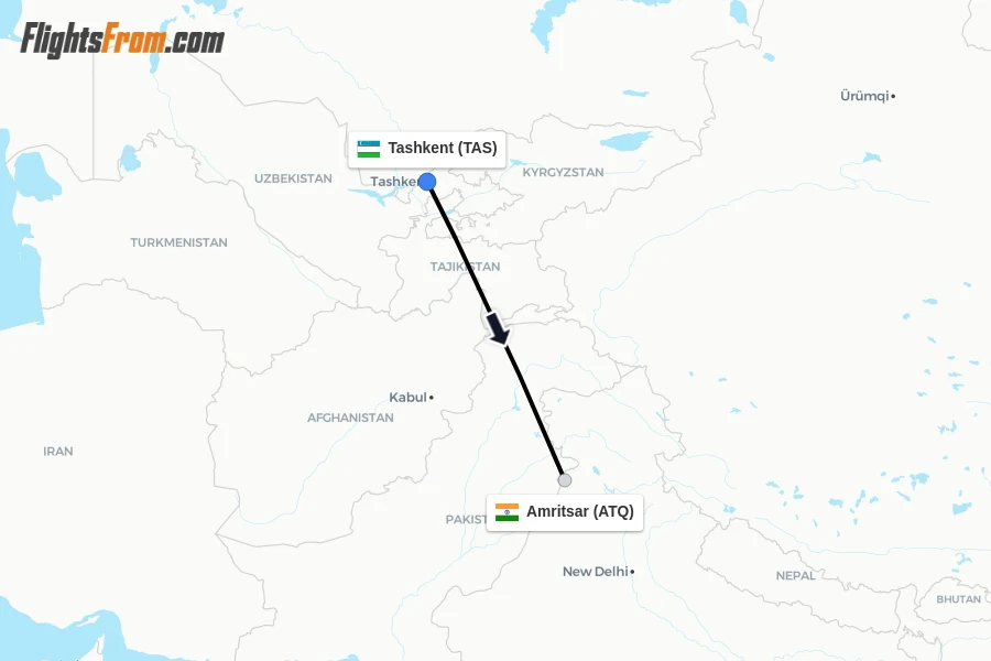 Flights from Tashkent to Amritsar route map