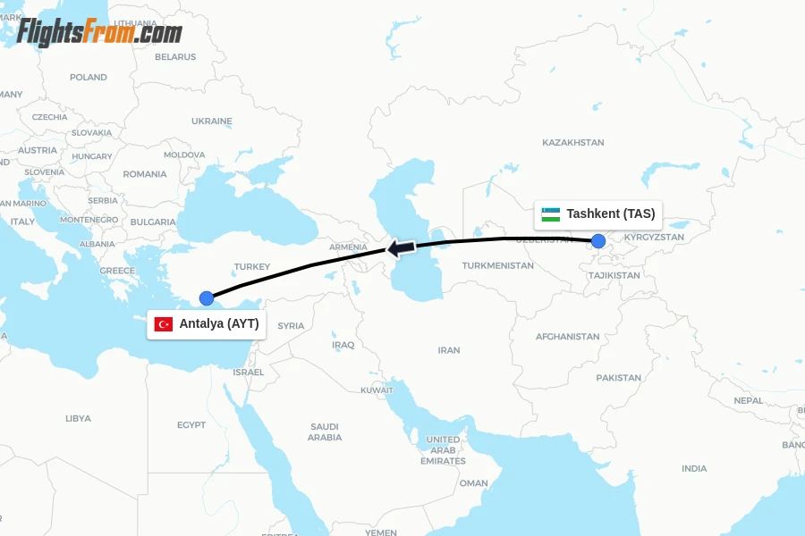 Flights from Tashkent to Antalya route map