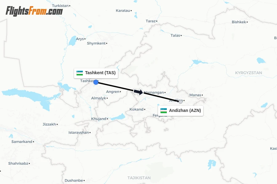 Flights from Tashkent to Andizhan route map