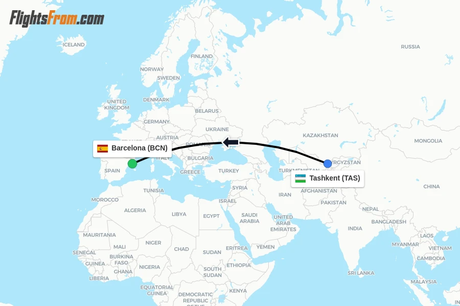 Flights from Tashkent to Barcelona route map