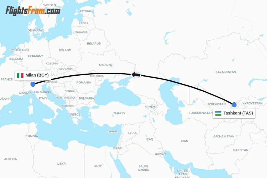 Flights from Tashkent to Milan route map