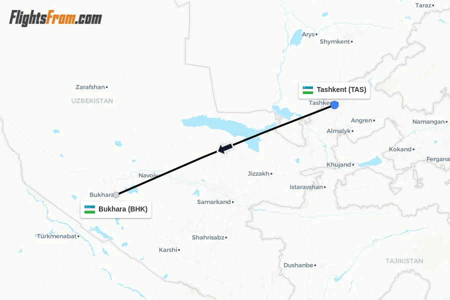 Flights from Tashkent to Bukhara route map
