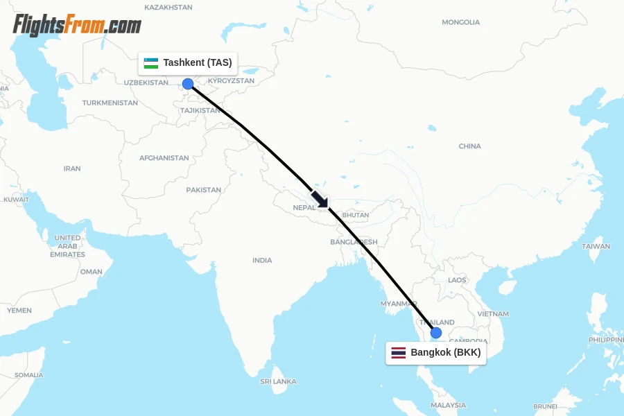 Flights from Tashkent to Bangkok route map