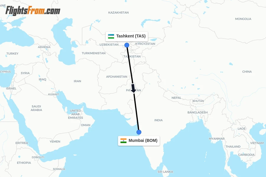 Flights from Tashkent to Mumbai route map