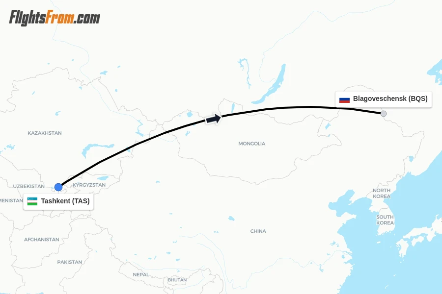 Flights from Tashkent to Blagoveschensk route map