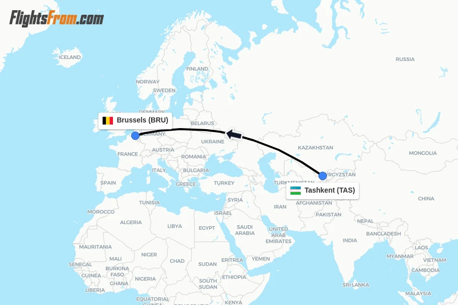 Flights from Tashkent to Brussels route map