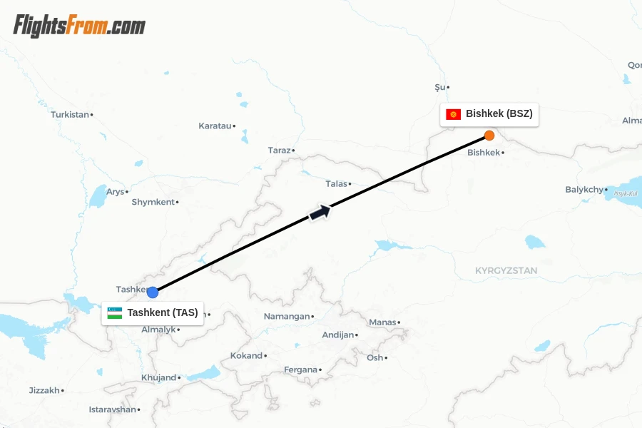 Flights from Tashkent to Bishkek route map