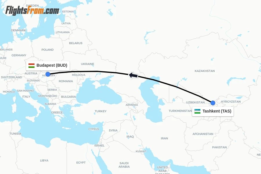 Flights from Tashkent to Budapest route map