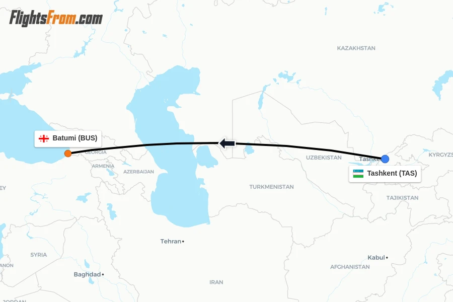 Flights from Tashkent to Batumi route map