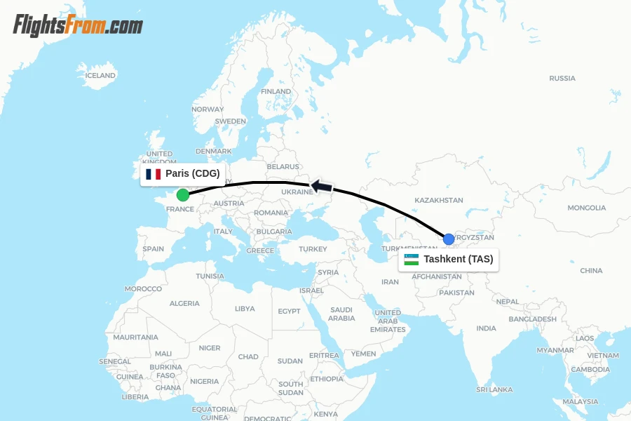 Flights from Tashkent to Paris route map