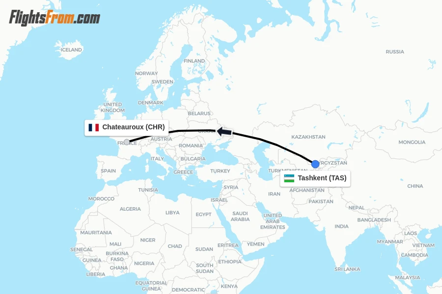 Flights from Tashkent to Chateauroux route map