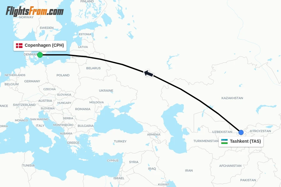Flights from Tashkent to Copenhagen route map