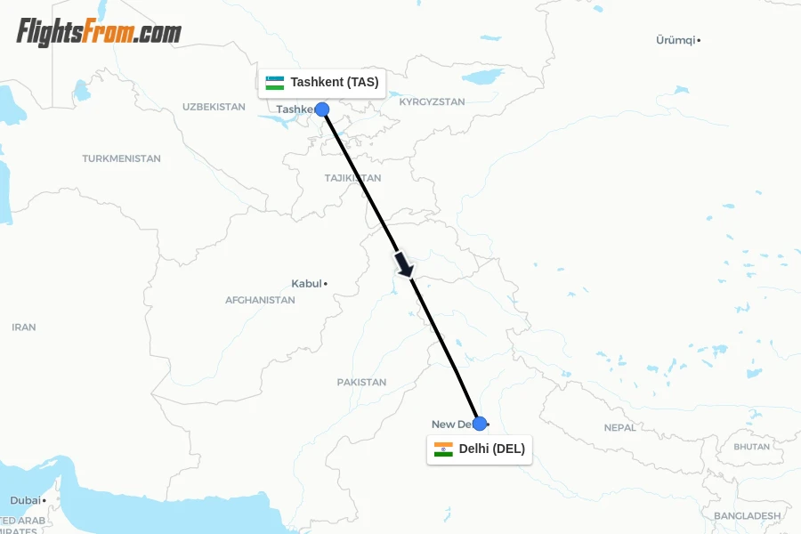 Flights from Tashkent to Delhi route map