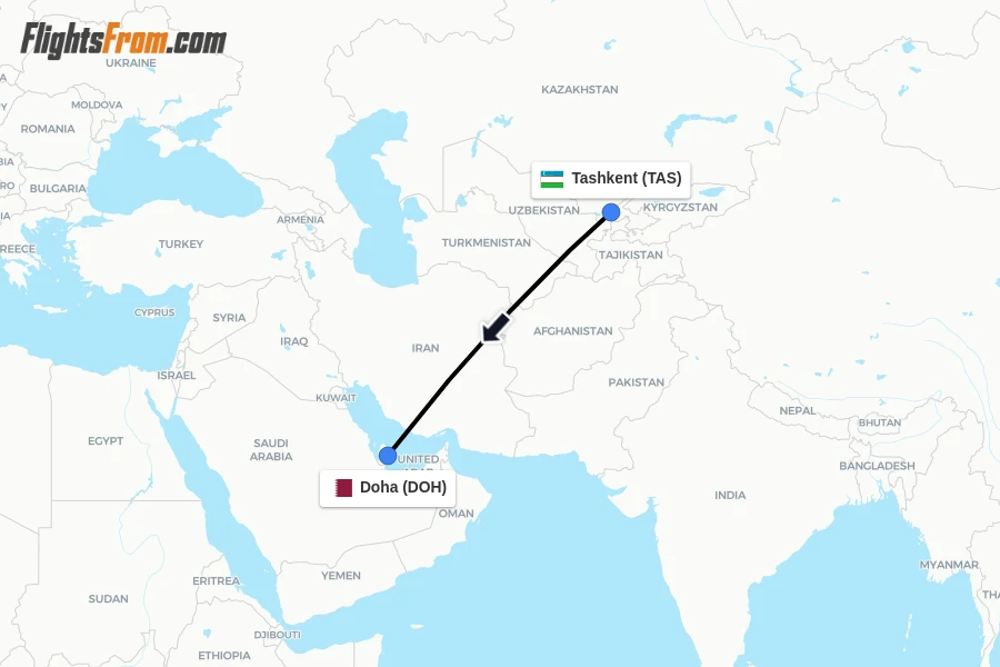 Flights from Tashkent to Doha route map