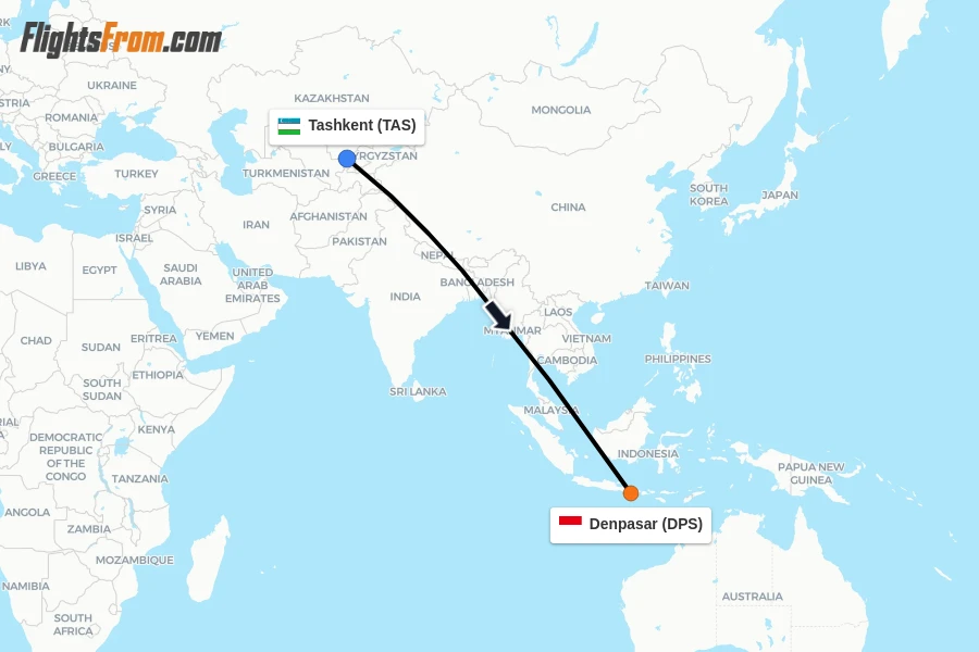 Flights from Tashkent to Denpasar route map