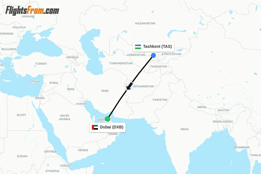 Flights from Tashkent to Dubai route map