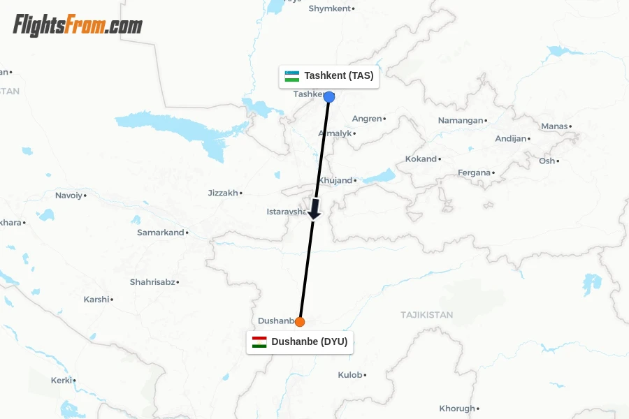 Flights from Tashkent to Dushanbe route map