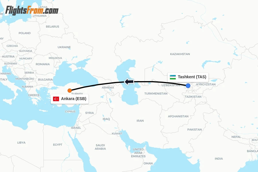 Flights from Tashkent to Ankara route map
