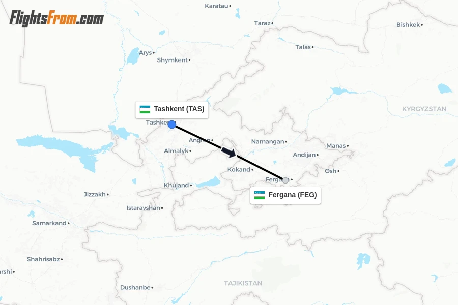 Flights from Tashkent to Fergana route map