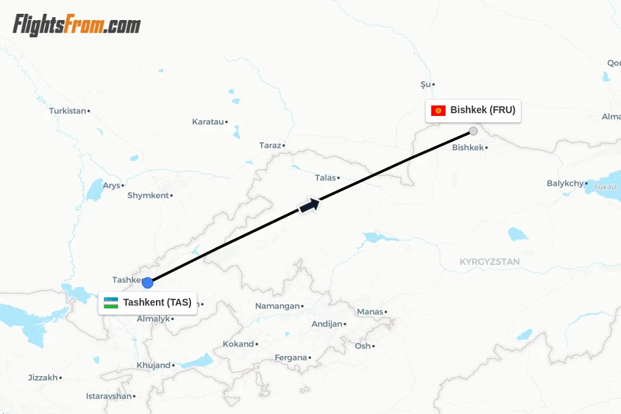 Flights from Tashkent to Bishkek route map