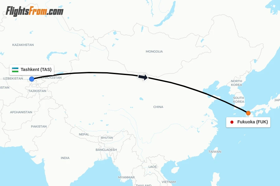 Flights from Tashkent to Fukuoka route map