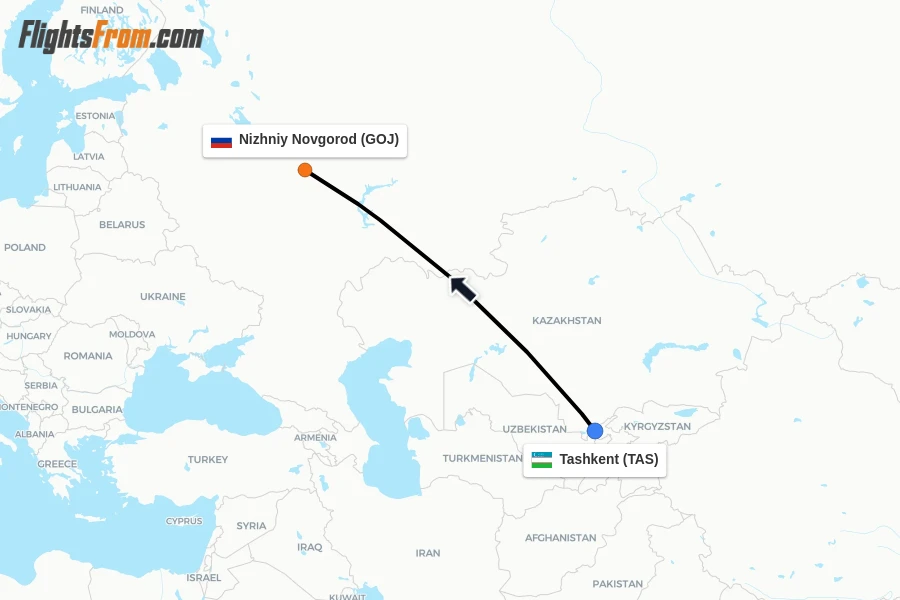 Flights from Tashkent to Nizhniy Novgorod route map