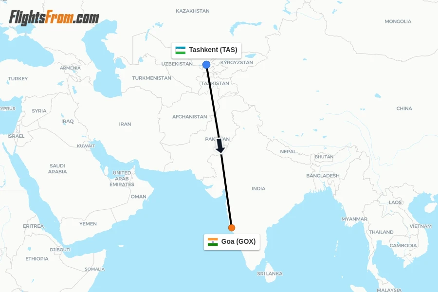 Flights from Tashkent to Goa route map