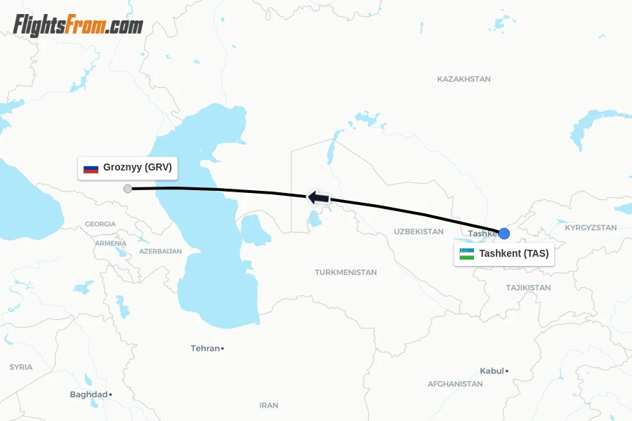 Flights from Tashkent to Groznyy route map